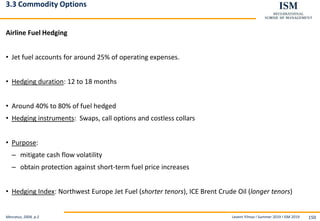 Levent Yilmaz I Summer 2019 I ISM 2019 150
3.3 Commodity Options
Airline Fuel Hedging
• Jet fuel accounts for around 25% of operating expenses.
• Hedging duration: 12 to 18 months
• Around 40% to 80% of fuel hedged
• Hedging instruments: Swaps, call options and costless collars
• Purpose:
– mitigate cash flow volatility
– obtain protection against short-term fuel price increases
• Hedging Index: Northwest Europe Jet Fuel (shorter tenors), ICE Brent Crude Oil (longer tenors)
Mercatus, 2004, p.2
 