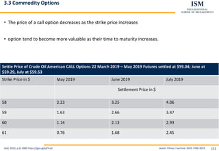 Levent Yilmaz I Summer 2019 I ISM 2019 151
3.3 Commodity Options
• The price of a call option decreases as the strike price increases
• option tend to become more valuable as their time to maturity increases.
Hull, 2012, p.8; CME https://goo.gl/pZ7cx3
Settle Price of Crude Oil American CALL Options 22 March 2019 – May 2019 Futures settled at $59.04; June at
$59.29, July at $59.53
Strike Price in $ May 2019 June 2019 July 2019
Settlement Price in $
58 2.23 3.25 4.06
59 1.63 2.66 3.47
60 1.14 2.13 2.93
61 0.76 1.68 2.45
 