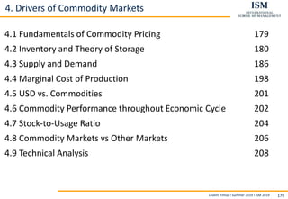 Levent Yilmaz I Summer 2019 I ISM 2019 179
4. Drivers of Commodity Markets
4.1 Fundamentals of Commodity Pricing 179
4.2 Inventory and Theory of Storage 180
4.3 Supply and Demand 186
4.4 Marginal Cost of Production 198
4.5 USD vs. Commodities 201
4.6 Commodity Performance throughout Economic Cycle 202
4.7 Stock-to-Usage Ratio 204
4.8 Commodity Markets vs Other Markets 206
4.9 Technical Analysis 208
 