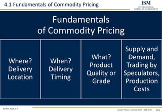 Levent Yilmaz I Summer 2019 I ISM 2019 181
4.1 Fundamentals of Commodity Pricing
Buchan,2016, p.9
Fundamentals
of Commodity Pricing
Where?
Delivery
Location
When?
Delivery
Timing
What?
Product
Quality or
Grade
Supply and
Demand,
Trading by
Speculators,
Production
Costs
 