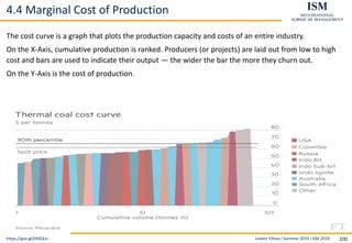Levent Yilmaz I Summer 2019 I ISM 2019 200
4.4 Marginal Cost of Production
The cost curve is a graph that plots the production capacity and costs of an entire industry.
On the X-Axis, cumulative production is ranked. Producers (or projects) are laid out from low to high
cost and bars are used to indicate their output — the wider the bar the more they churn out.
On the Y-Axis is the cost of production.
https://goo.gl/VKKQLn
 