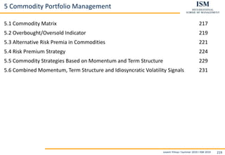 Levent Yilmaz I Summer 2019 I ISM 2019 219
5 Commodity Portfolio Management
5.1 Commodity Matrix 217
5.2 Overbought/Oversold Indicator 219
5.3 Alternative Risk Premia in Commodities 221
5.4 Risk Premium Strategy 224
5.5 Commodity Strategies Based on Momentum and Term Structure 229
5.6 Combined Momentum, Term Structure and Idiosyncratic Volatility Signals 231
 