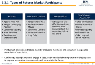 Levent Yilmaz I Summer 2019 I ISM 2019 22
1.3.1 Types of Futures Market Participants
Masters, 2008, p.18
HEDGER
• Reduce Price Risk
• Hedges Underlying
Position
• Consumes Liquidity
• Price Sensitive
• Take Long and
Short Positions
INDEX SPECULATOR
• Takes on Price Risk
• Profits from Price
Moves
• Consumes Liquidity
• Insensitive to Price
• Long Only
ARBITRAGEUR
• Arbitrageurs take
offsetting positions
in two or more
instruments at the
same time to lock
in a profit.
TRADITIONAL
SPECULATOR
• Takes on Price Risk
• Profits from Price
Moves
• Provides Liquidity
• Price Sensitive
• Take Long and
Short Positions
• Pretty much all decisions that are made by producers, merchants and consumers incorporates
some form of speculation.
• Commodity Trading Companies engage in speculation when determining what they are prepared
to pay now versus what the commodity will be worth in the future.
 