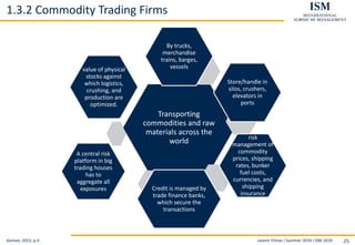 Levent Yilmaz I Summer 2019 I ISM 2019 25
1.3.2 Commodity Trading Firms
Geman, 2015, p.4
Transporting
commodities and raw
materials across the
world
By trucks,
merchandise
trains, barges,
vessels
Store/handle in
silos, crushers,
elevators in
ports
risk
management of
commodity
prices, shipping
rates, bunker
fuel costs,
currencies, and
shipping
insurance
Credit is managed by
trade finance banks,
which secure the
transactions
A central risk
platform in big
trading houses
has to
aggregate all
exposures
value of physical
stocks against
which logistics,
crushing, and
production are
optimized.
 