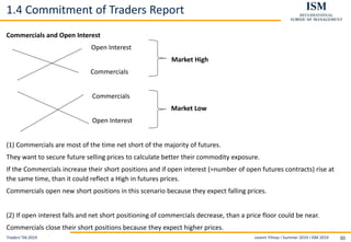 Levent Yilmaz I Summer 2019 I ISM 2019 30
1.4 Commitment of Traders Report
Commercials and Open Interest
Open Interest
Market High
Commercials
Commercials
Market Low
Open Interest
(1) Commercials are most of the time net short of the majority of futures.
They want to secure future selling prices to calculate better their commodity exposure.
If the Commercials increase their short positions and if open interest (=number of open futures contracts) rise at
the same time, than it could reflect a High in futures prices.
Commercials open new short positions in this scenario because they expect falling prices.
(2) If open interest falls and net short positioning of commercials decrease, than a price floor could be near.
Commercials close their short positions because they expect higher prices.
Traders‘’04.2019
 