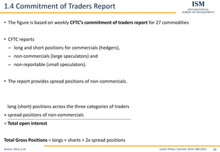 Levent Yilmaz I Summer 2019 I ISM 2019 33
1.4 Commitment of Traders Report
• The figure is based on weekly CFTC’s commitment of traders report for 27 commodities
• CFTC reports
– long and short positions for commercials (hedgers),
– non-commercials (large speculators) and
– non-reportable (small speculators).
• The report provides spread positions of non-commercials.
long (short) positions across the three categories of traders
+ spread positions of non-commercials
= Total open interest
Total Gross Positions = longs + shorts + 2x spread positions
Gorton, 2015, p.14
 