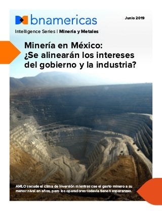 Intelligence Series | Minería y Metales
Junio 2019
AMLO sacude el clima de inversión mientras cae el gasto minero a su
menor nivel en años, pero los operadores todavía tienen esperanzas.
Minería en México:
¿Se alinearán los intereses
del gobierno y la industria?
 