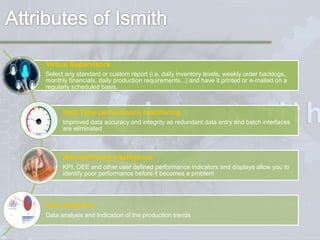 Virtual Supervisors
Select any standard or custom report (i.e. daily inventory levels, weekly order backlogs,
monthly financials, daily production requirements...) and have it printed or e-mailed on a
regularly scheduled basis.
Real Time performance monitoring
Improved data accuracy and integrity as redundant data entry and batch interfaces
are eliminated
Manufacturing Intelligence
KPI, OEE and other user defined performance indicators and displays allow you to
identify poor performance before it becomes a problem
Data Analytics
Data analysis and Indication of the production trends
 