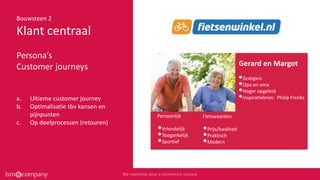 Bouwsteen 2
Klant centraal
Persona’s
Customer journeys
a. Ultieme customer journey
b. Optimalisatie tbv kansen en
pijnpunten
c. Op deelprocessen (retouren)
•Zestigers
•Opa en oma
•Hoger opgeleid
•Inspiratiebron: Philip Freriks
Gerard en Margot
Persoonlijk
•Vriendelijk
•Toegankelijk
•Sportief
Fietswaarden
•Prijs/kwaliteit
•Praktisch
•Modern
 