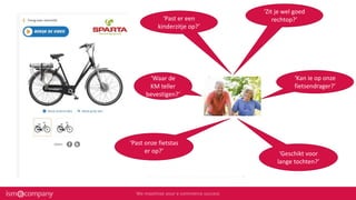 ‘Past er een
kinderzitje op?’
‘Zit je wel goed
rechtop?’
‘Kan ie op onze
fietsendrager?’
‘Waar de
KM teller
bevestigen?’
‘Past onze fietstas
er op?’ ‘Geschikt voor
lange tochten?’
 