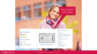 Batavus – Stadsfiets - Wit
DAYS BETWEEN VISIT
0-14
INTERESSE
Batavus – Stadsfiets – Wit
NUMBER OF PAGEVISITS
12-16
NUMBER OF VISITS
2-5
REFERRER
Direct
TYPE BEZOEKER
Oriënterend
Myrthe surft op de site
en haar voorkeuren
worden opgeslagen.
 