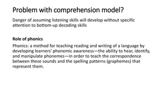 Problem with comprehension model?
Danger of assuming listening skills will develop without specific
attention to bottom-up...