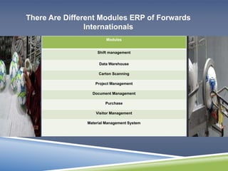 There Are Different Modules ERP of Forwards 
Internationals 
Modules 
Shift management 
Data Warehouse 
Carton Scanning 
Project Management 
Document Management 
Purchase 
Visitor Management 
Material Management System 
 