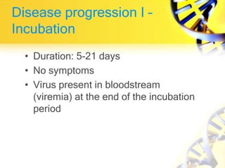 Disease progression I –
Incubation
• Duration: 5-21 days
• No symptoms
• Virus present in bloodstream
(viremia) at the end of the incubation
period
 