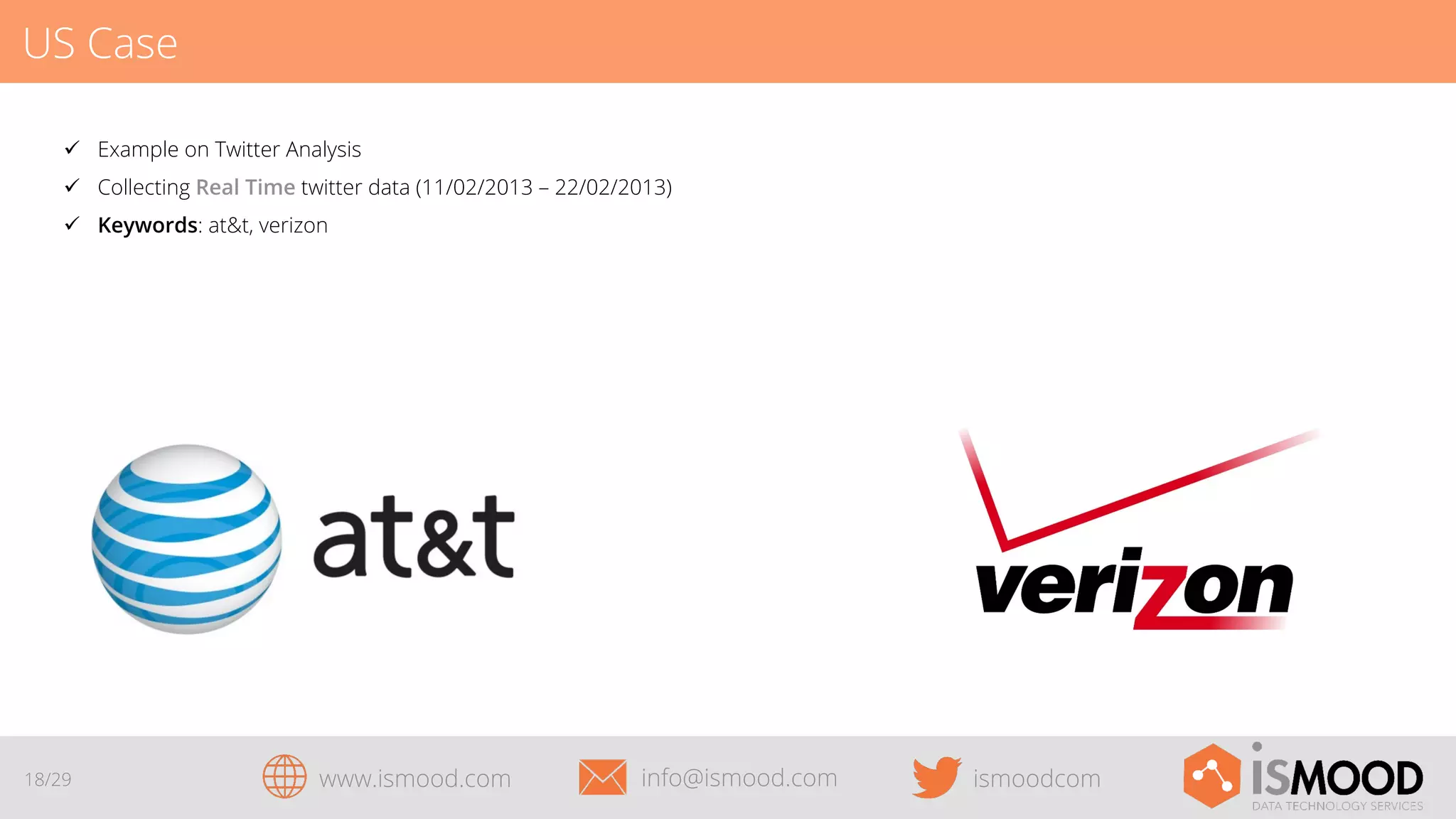 US Case
ü  Example on Twitter Analysis
ü  Collecting Real Time twitter data (11/02/2013 – 22/02/2013)
ü  Keywords: at&t, verizon

18/29

www.ismood.com

info@ismood.com

ismoodcom

 