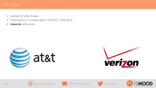 US Case
ü  Example on Twitter Analysis
ü  Collecting Real Time twitter data (11/02/2013 – 22/02/2013)
ü  Keywords: at&t, verizon

18/29

www.ismood.com

info@ismood.com

ismoodcom

 