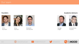 Our team

Founders

Chris
Kounavis

28/29

Academic Advisors

Anna
Kasimati

Dionysios
Sotiropoulos

www.ismood.com

George
Giaglis

info@ismood.com

ismoodcom

Konstantinos
Fouskas

 