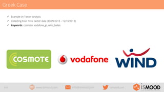 Greek Case
ü  Example on Twitter Analysis
ü  Collecting Real Time twitter data (30/09/2013 – 12/10/2013)
ü  Keywords: cosmote, vodafone_gr, wind_hellas

5/29

www.ismood.com

info@ismood.com

ismoodcom

 