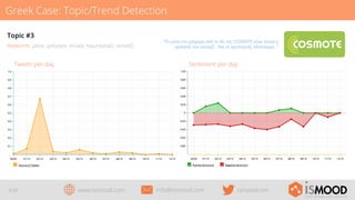 Greek Case: Topic/Trend Detection
Topic #3
Keywords: μόνο, γρήγορο, τελικά, πρωτογενές, νεοναζί

Sentiment per day

Tweets per day

9/29

“Tο μόνο πιο γρήγορο από το 4G της COSMOTE είναι τελικά η
κράτηση των νεοναζί... Και το πρωτογενές πλεόνασμα...”

www.ismood.com

info@ismood.com

ismoodcom

 
