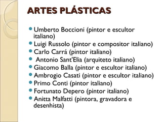 ARTES PLÁSTICASARTES PLÁSTICAS
Umberto Boccioni (pintor e escultor
italiano)
Luigi Russolo (pintor e compositor italiano)
Carlo Carrá (pintor italiano)
 Antonio Sant'Elia (arquiteto italiano)
Giacomo Balla (pintor e escultor italiano)
Ambrogio Casati (pintor e escultor italiano)
Primo Conti (pintor italiano)
Fortunato Depero (pintor italiano)
Anitta Malfatti (pintora, gravadora e
desenhista)
 