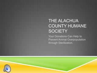 The Alachua County Humane Society Your Donations Can Help to Prevent Animal Overpopulation through Sterilization. 
