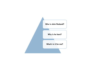 Who is John Packard?



  Why is he here?



 What’s in it for me?
 
