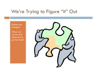 We’re Trying to Figure “it” Out
        y g       g

Business has
changed!

Where are
we now and
where do we
go from here?
 