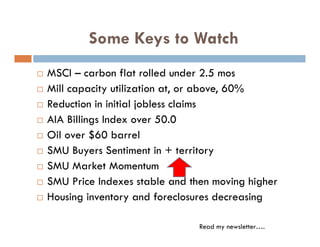Some Keys to Watch
                   y
   MSCI – carbon flat rolled under 2.5 mos
   Mill capacity utilization at, or above, 60%
   Reduction in initial jobless claims
                         j
   AIA Billings Index over 50.0
   Oil over $60 barrel
              $
   SMU Buyers Sentiment in + territory
   SMU Market Momentum
   SMU Price Indexes stable and then moving higher
   Housing inventory and foreclosures decreasing
           g          y                         g

                                   Read my newsletter….
 