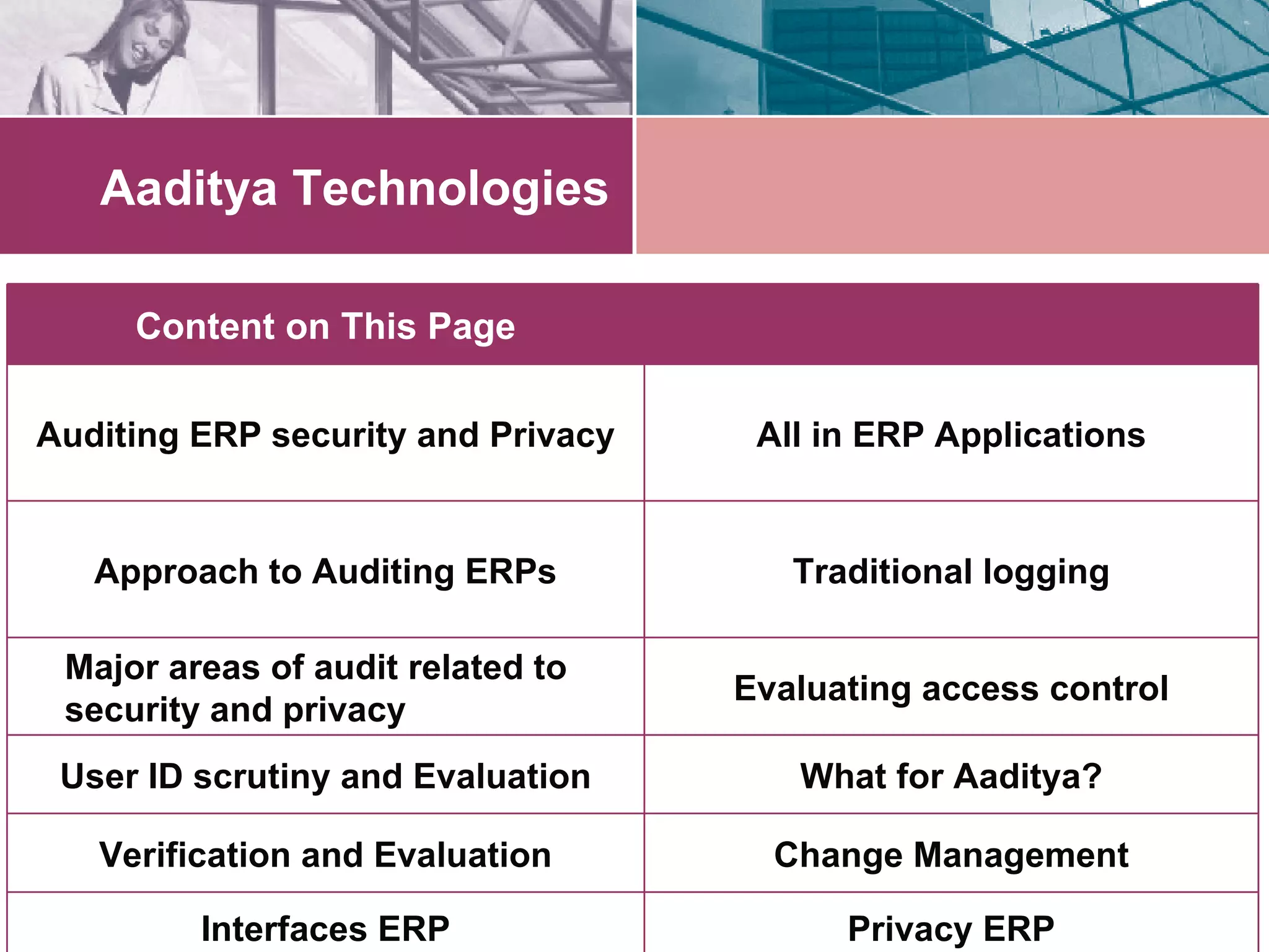 Aaditya Technologies Evaluating access control Major areas of audit related to  security and privacy Traditional logging Approach to Auditing ERPs All in ERP Applications Auditing ERP security and Privacy What for Aaditya? User ID scrutiny and Evaluation Change Management Verification and Evaluation Privacy ERP Interfaces ERP Content on This Page 