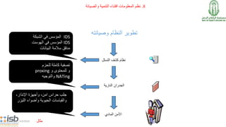 8.‫والصيانة‬ ‫التنمية‬ ‫اقتناء‬ ‫المعلومات‬ ‫نظم‬
5/14/2014
IDS‫الشبكة‬ ‫في‬ ‫المؤسس‬
IDS‫الهوست‬ ‫في‬ ‫المؤسس‬
‫مدقق‬‫البيانات‬ ‫سالمة‬
‫كاملة‬ ‫تصفية‬‫للحزم‬
‫و‬‫و‬ ‫للمحتوى‬proxing
NATing‫والتوجيه‬
‫جلب‬‫حراس‬‫امن‬‫وأجهزة‬ ،،‫اإلنذار‬
‫والقياسات‬‫اللي‬ ‫وأضواء‬ ‫الحيوية‬‫زر‬
‫النارية‬ ‫الجدران‬
‫وصيانته‬ ‫النظام‬ ‫تطوير‬
‫التسلل‬ ‫كشف‬ ‫نظام‬
‫المادي‬ ‫األمن‬
‫مثال‬
 