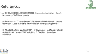 143
• A - BS ISO/IEC 27001:2005 (ISO 27001) - Information technology - Security
techniques - ISMS Requirements
• B - BS ISO/IEC 27002:2005 (ISO 27002) - Information technology - Security
techniques - Code of practice for Information Security Management
• C - Alan Calder/Steve Watkins (2007) - IT Governance – A Manager’s Guide
to Data Security and BS 7799/ ISO 17799 (3rd Edition) - Kogan Page
Publishing
References
 