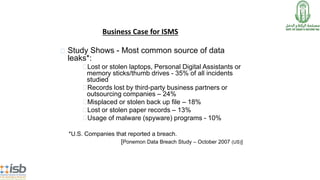 Business Case for ISMS
Study Shows - Most common source of data
leaks*:
Lost or stolen laptops, Personal Digital Assistants or
memory sticks/thumb drives - 35% of all incidents
studied
Records lost by third-party business partners or
outsourcing companies – 24%
Misplaced or stolen back up file – 18%
Lost or stolen paper records – 13%
Usage of malware (spyware) programs - 10%
*U.S. Companies that reported a breach.
[Ponemon Data Breach Study – October 2007 (US)]
 