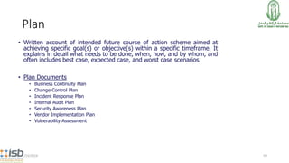Plan
• Written account of intended future course of action scheme aimed at
achieving specific goal(s) or objective(s) within a specific timeframe. It
explains in detail what needs to be done, when, how, and by whom, and
often includes best case, expected case, and worst case scenarios.
• Plan Documents
• Business Continuity Plan
• Change Control Plan
• Incident Response Plan
• Internal Audit Plan
• Security Awareness Plan
• Vendor Implementation Plan
• Vulnerability Assessment
7/15/2014 59
 