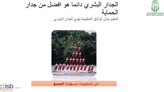 ‫جدار‬ ‫من‬ ‫افضل‬ ‫هو‬ ‫دائما‬ ‫البشري‬ ‫الجدار‬
‫الحماية‬
‫يقوي‬ ‫التنظيمية‬ ‫الوثائق‬ ‫بشأن‬ ‫التعليم‬‫البشري‬ ‫الجدار‬.
5/14/2014
‫مسؤولية‬ ‫المعلومات‬ ‫امن‬‫الجميع‬
 