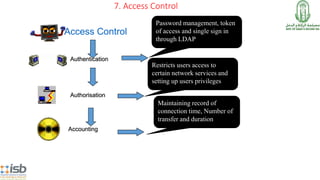 7. Access Control
Password management, token
of access and single sign in
through LDAP
Restricts users access to
certain n...