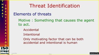 Threat Identification Elements of threats Motive : Something that causes the agent to act. Accidental Intentional Only motivating factor that can be both accidental and intentional is human 9/16/2010 Saroj  