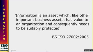 'Information is an asset which, like other important business assets, has value to  an organization and consequently needs  to be suitably protected’ BS ISO 27002:2005 9/16/2010 Saroj  