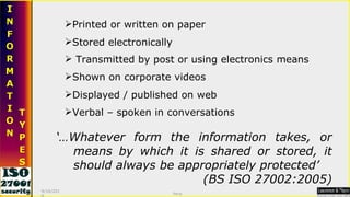 Printed or written on paper Stored electronically Transmitted by post or using electronics means Shown on corporate videos Displayed / published on web Verbal – spoken in conversations ‘… Whatever form the information takes, or means by which it is shared or stored, it should always be appropriately protected’ (BS ISO 27002:2005) 9/16/2010 Saroj  
