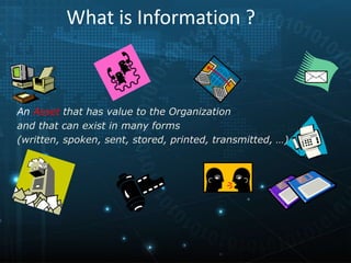 An Asset that has value to the Organization
and that can exist in many forms
(written, spoken, sent, stored, printed, transmitted, …)
What is Information ?
 