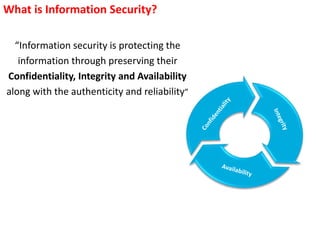 What is Information Security?
“Information security is protecting the
information through preserving their
Confidentiality, Integrity and Availability
along with the authenticity and reliability”
 