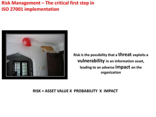 Risk Management – The critical first step in
ISO 27001 implementation
RISK = ASSET VALUE X PROBABILITY X IMPACT
Risk is the possibility that a threat exploits a
vulnerability in an information asset,
leading to an adverse impact on the
organization
 