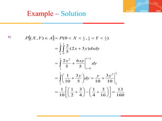  
160
13
16
3
4
1
4
3
2
1
10
1
10
3
10
5
3
10
1
5
6
5
2
)
3
2
(
5
2
)
,
0
(
)
,
(
2
1
4
1
2
1
4
1
2
1
4
1
2
1
2
1
4
1
2
1
2
0
2
0
2
1
4
1
2
1













































 


y
y
dy
y
dy
xy
x
dxdy
y
x
Y
X
P
A
Y
X
P
x
x
b)
Example – Solution
 