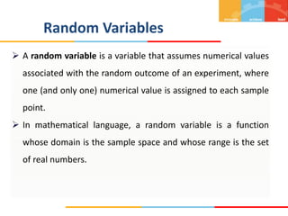 Random Variables
 A random variable is a variable that assumes numerical values
associated with the random outcome of an experiment, where
one (and only one) numerical value is assigned to each sample
point.
 In mathematical language, a random variable is a function
whose domain is the sample space and whose range is the set
of real numbers.
 