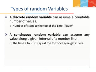 Types of random Variables
 A discrete random variable can assume a countable
number of values.
o Number of steps to the top of the Eiffel Tower*
 A continuous random variable can assume any
value along a given interval of a number line.
o The time a tourist stays at the top once s/he gets there
8
 