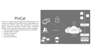 PinCat
PinCat is a unified threat management (UTM) solution that
combines multiple security features into a single platform to
protect your network, web, email, applications, and users
against advanced persistent threats (APT), DoS/DDoS
attacks, viruses, spyware, ransomware and spam messages.
• Protection against DDoS attack vectors up to 50 Gbit/s
• Next generation Firewall
• Data Loss Prevention
• Anti-Ransomware
• Advanced SPAM filter
 