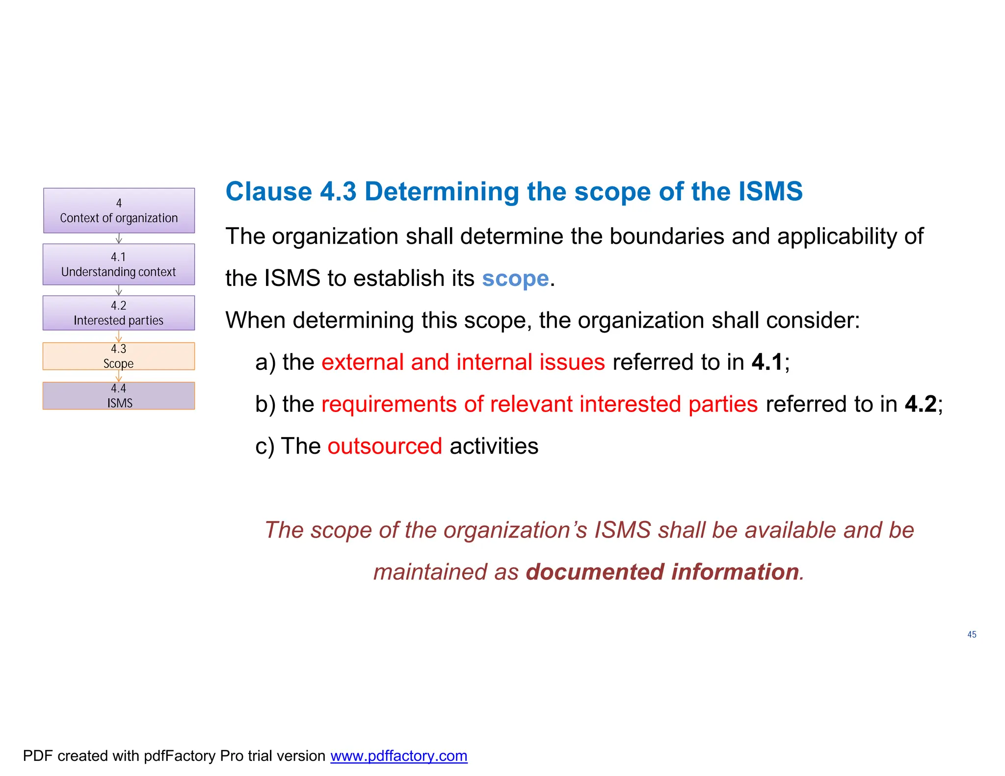 ISO/TC
176/SC
2/
N1267
45
Clause 4.3 Determining the scope of the ISMS
The organization shall determine the boundaries and applicability of
the ISMS to establish its scope.
When determining this scope, the organization shall consider:
a) the external and internal issues referred to in 4.1;
b) the requirements of relevant interested parties referred to in 4.2;
c) The outsourced activities
The scope of the organization’s ISMS shall be available and be
maintained as documented information.
4
Context of organization
4.1
Understanding context
4.2
Interested parties
4.3
Scope
4.3
Scope
4.4
ISMS
4.4
ISMS
PDF created with pdfFactory Pro trial version www.pdffactory.com
 