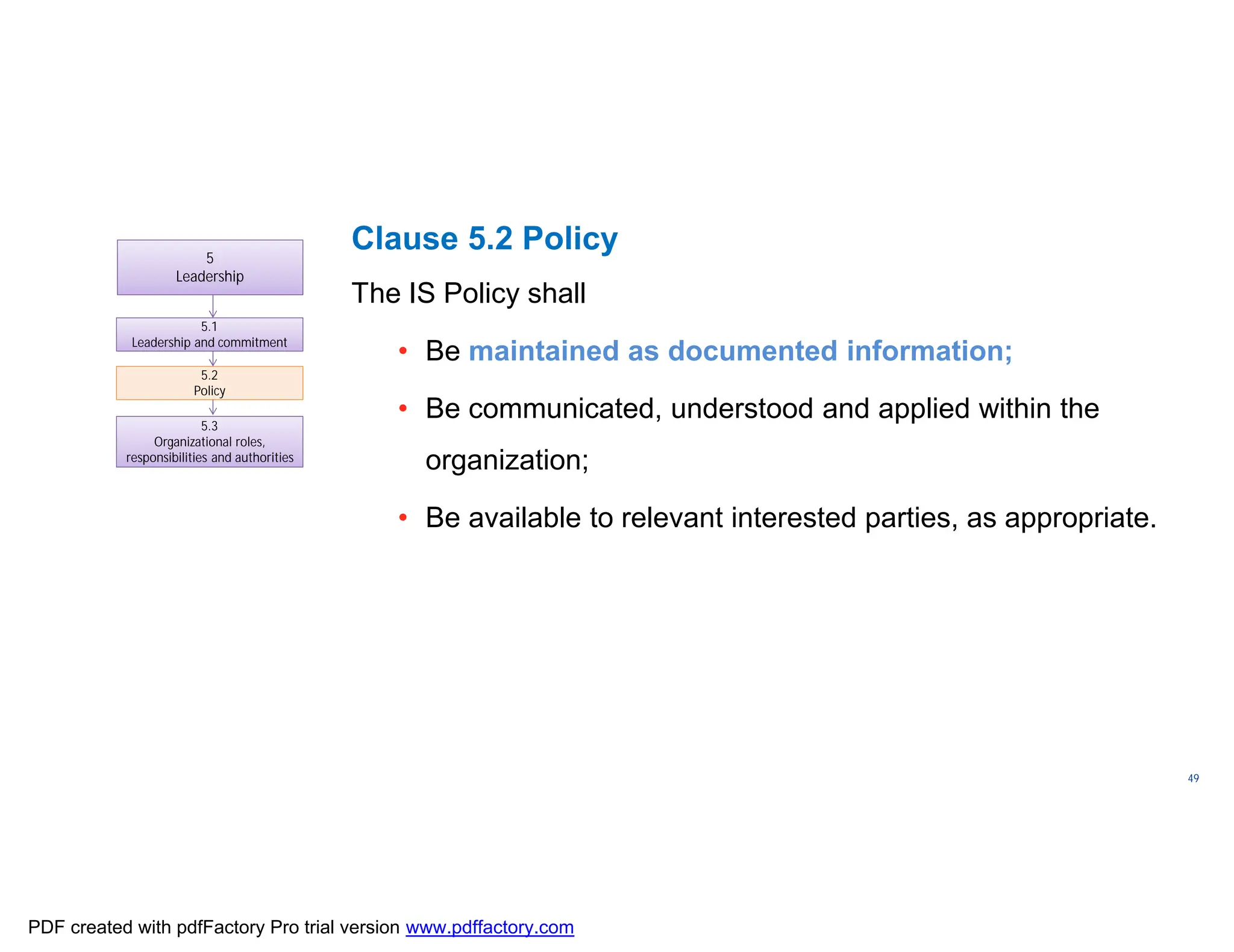 ISO/TC
176/SC
2/
N1267
49
5
Leadership
5.1
Leadership and commitment
5.3
Organizational roles,
responsibilities and authorities
5.2
Policy
Clause 5.2 Policy
The IS Policy shall
• Be maintained as documented information;
• Be communicated, understood and applied within the
organization;
• Be available to relevant interested parties, as appropriate.
PDF created with pdfFactory Pro trial version www.pdffactory.com
 