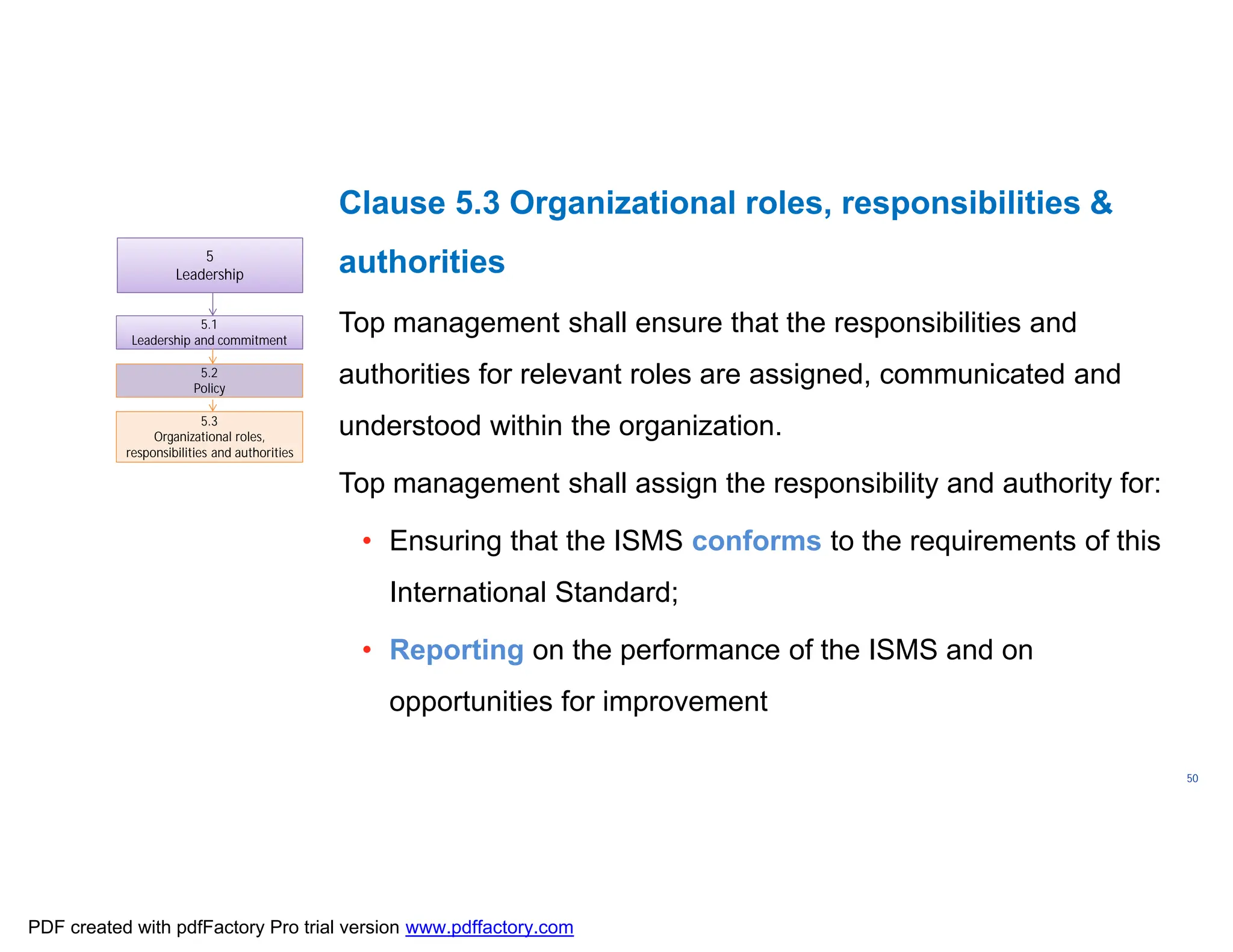 ISO/TC
176/SC
2/
N1267
50
Clause 5.3 Organizational roles, responsibilities &
authorities
Top management shall ensure that the responsibilities and
authorities for relevant roles are assigned, communicated and
understood within the organization.
Top management shall assign the responsibility and authority for:
• Ensuring that the ISMS conforms to the requirements of this
International Standard;
• Reporting on the performance of the ISMS and on
opportunities for improvement
5
Leadership
5.1
Leadership and commitment
5.2
Policy
5.3
Organizational roles,
responsibilities and authorities
PDF created with pdfFactory Pro trial version www.pdffactory.com
 