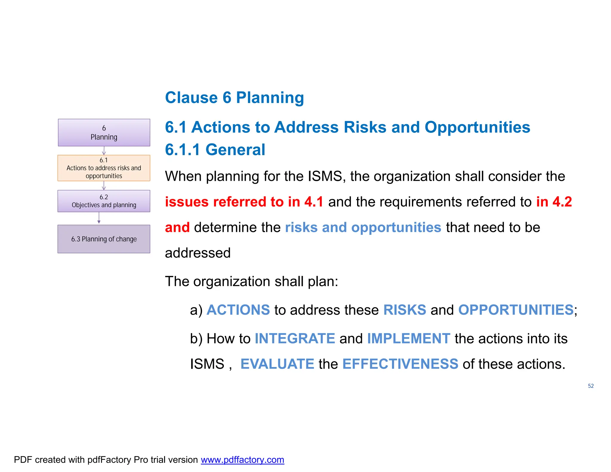 ISO/TC
176/SC
2/
N1267
52
Clause 6 Planning
6.1 Actions to Address Risks and Opportunities
6.1.1 General
When planning for the ISMS, the organization shall consider the
issues referred to in 4.1 and the requirements referred to in 4.2
and determine the risks and opportunities that need to be
addressed
The organization shall plan:
a) ACTIONS to address these RISKS and OPPORTUNITIES;
b) How to INTEGRATE and IMPLEMENT the actions into its
ISMS , EVALUATE the EFFECTIVENESS of these actions.
6
Planning
6.1
Actions to address risks and
opportunities
6.2
Objectives and planning
6.3 Planning of change
6.3 Planning of change
PDF created with pdfFactory Pro trial version www.pdffactory.com
 