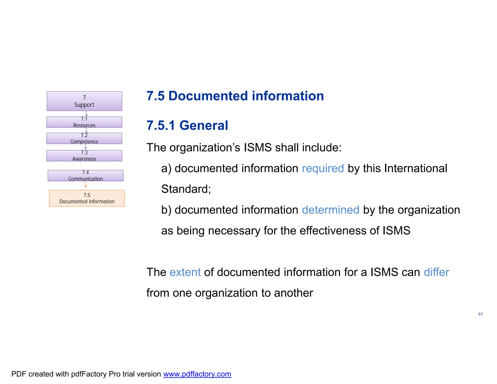 ISO/TC
176/SC
2/
N1267
61
7.5 Documented information
7.5.1 General
The organization’s ISMS shall include:
a) documented information required by this International
Standard;
b) documented information determined by the organization
as being necessary for the effectiveness of ISMS
The extent of documented information for a ISMS can differ
from one organization to another
7
Support
7.1
Resources
7.1
Resources
7.3
Awareness
7.3
Awareness
7.4
Communication
7.4
Communication
7.5
Documented information
7.2
Competence
7.2
Competence
PDF created with pdfFactory Pro trial version www.pdffactory.com
 